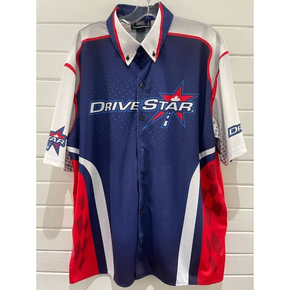 Fast Eddie Drive star Racing Button Up Shirt Men's Size XL Short Sleeve blue red - Picture 1 of 10